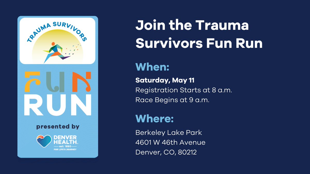 Don't miss the Denver Health Trauma Survivors Fun Run and remember to register before April 15 to secure your free shirt! Walkers, runners and those on wheels are all welcome to participate. Learn more and watch our patient survivor stories at den.health/FunRun2024. 🏃‍♂️