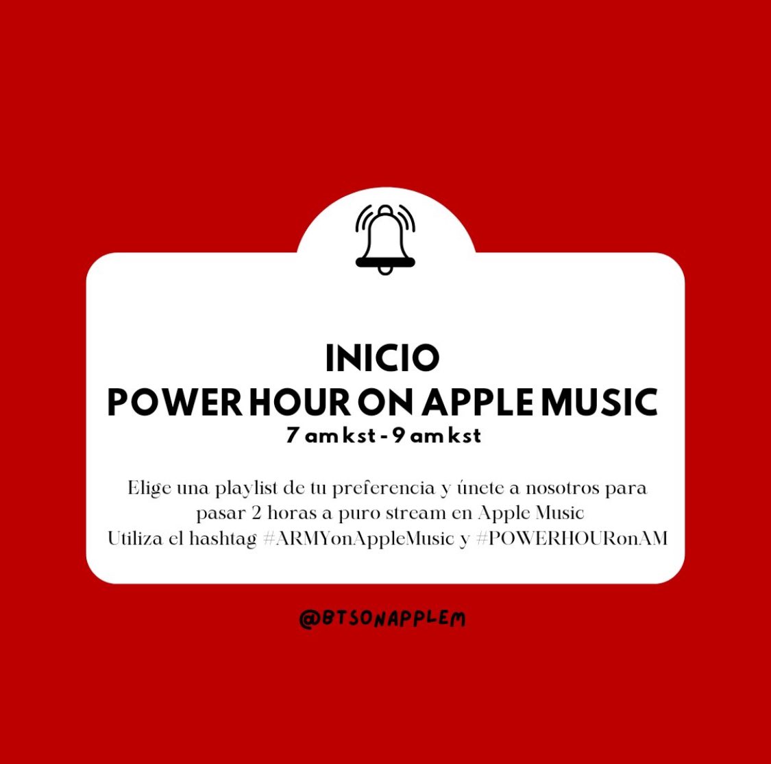 🍎— INICIO POWER HOUR Manzanitas damos inicio a la hora de poder 🔥 A darlo todo y reactivemos la emoción en AM! Playlists recomendadas: 🖇:(music.apple.com/us/playlist/ho…) Recuerda escuchar hots: music.apple.com/us/album/hope-…) 🔑Utiliza #POWERHOURonAM #ARMYonAppleMusic