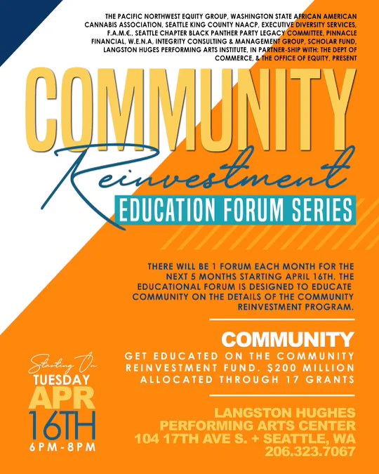 Flyer for the Community Reinvestment Education Forum Series at Langston Hughes Performing Arts Center. Starting on Thursday, April fourth from 6 to 8 p m.