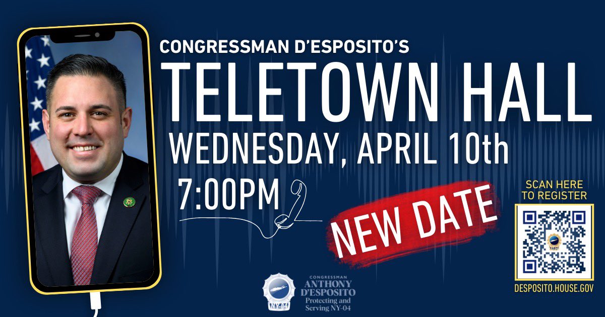 🚨ATTN #NY04: My next Teletown Hall has been rescheduled — to tomorrow! Please join me, ask questions, and make your voice heard tomorrow. Register, here: tthm.wufoo.com/forms/rep-anth…