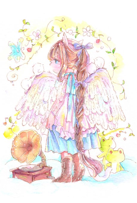 おはようございます『雲のうえのしらべ』みんなしあわせでありますように三つ編みもリボンも大好きもふもふとりさんもかえるさんも、、、好きをもりもりに盛り込んだお気に入りの絵です 