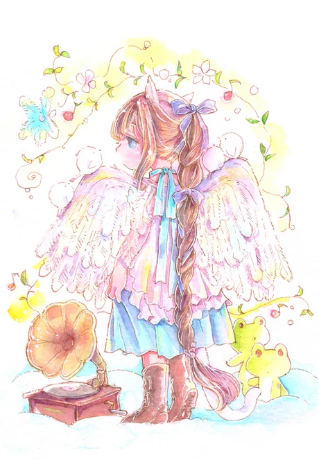 おはようございます『雲のうえのしらべ』みんなしあわせでありますように三つ編みもリボンも大好きもふもふとりさんもかえるさんも、、、好きをもりもりに盛り込んだお気に入りの絵です 