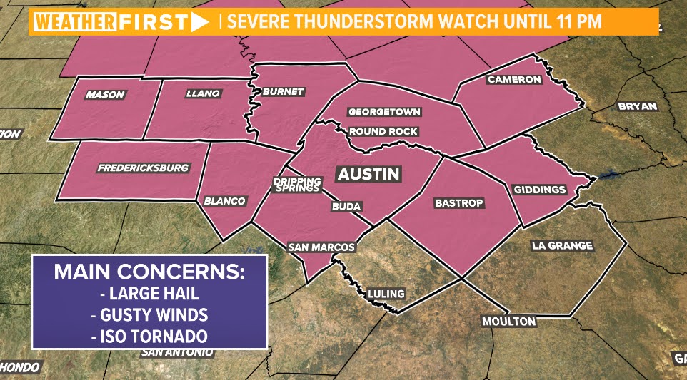Our Severe Thunderstorm Watch has expanded to include Mason, Bastrop, Lee County until 11 p.m. tonight. Concerns for large and very large hail, potential tornadoes, and damaging wind could be moderate to high at times. Stayed tuned with @KVUE tonight. #austin #txweather