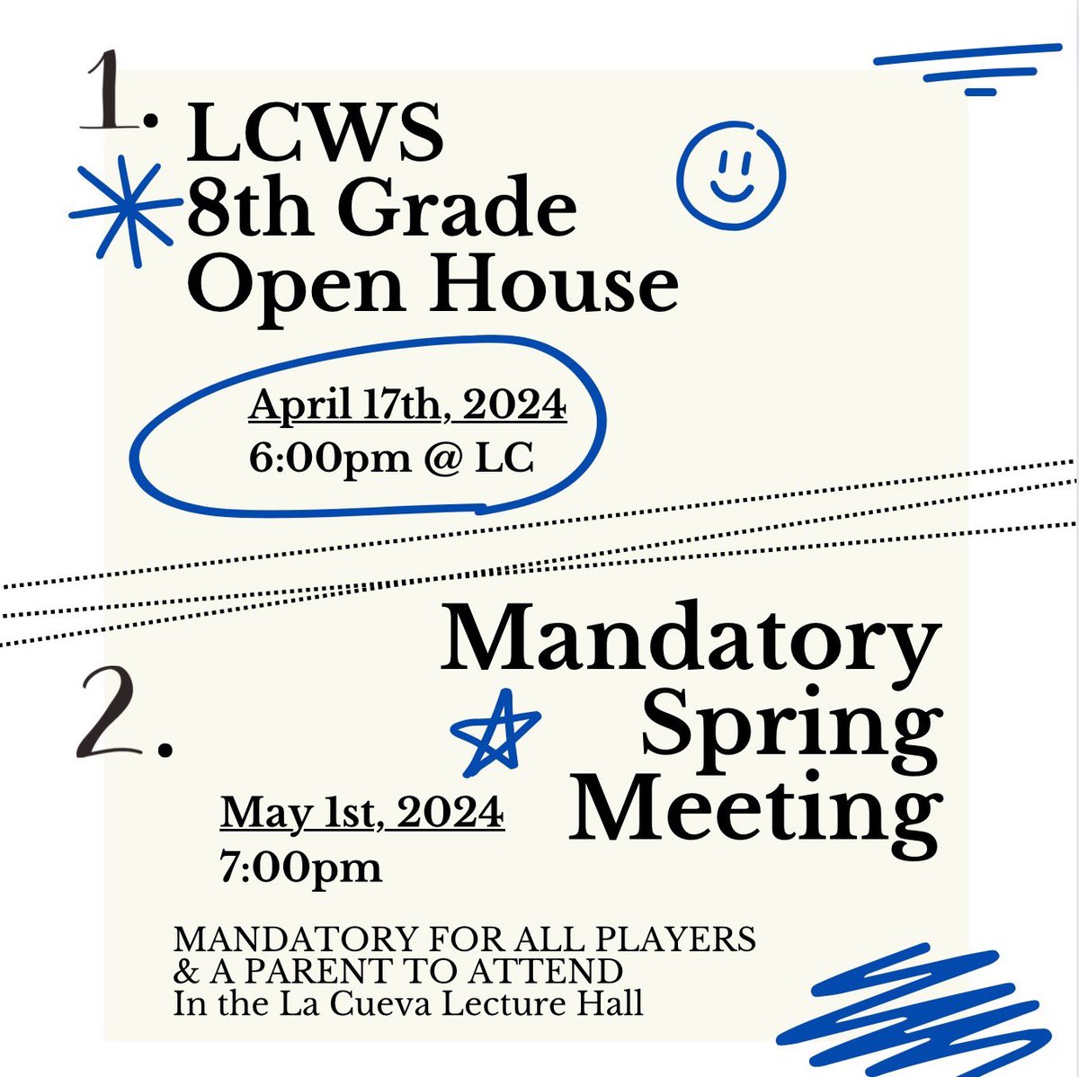 LCHSBearsSoccer Boosters (@lchsbearssoccer) on Twitter photo SAVE THE DATE!
NEXT WEDNESDAY
APRIL 17th 6pm
Look for the LCWS
soccer table!
Interested in playing Soccer for La Cueva?
Come to the Mandatory Meeting
May 1st 7pm at LCHS
Incoming 8th-12th welcome!
#WALC 💙🐻⚽️
<a href="/PrincipalLCHS/">La Cueva High School</a> <a href="/Cueva_Athletics/">LCAthletics</a> <a href="/DesertRidgeMS/">Desert Ridge MS</a>
<a href="/EMSGenerals/">Eisenhower Middle School</a> SAVE THE DATE!
NEXT WEDNESDAY
APRIL 17th 6pm
Look for the LCWS
soccer table!
Interested in playing Soccer for La Cueva?
Come to the Mandatory Meeting
May 1st 7pm at LCHS
Incoming 8th-12th welcome!
#WALC 💙🐻⚽️
<a href="/PrincipalLCHS/">La Cueva High School</a> <a href="/Cueva_Athletics/">LCAthletics</a> <a href="/DesertRidgeMS/">Desert Ridge MS</a>
<a href="/EMSGenerals/">Eisenhower Middle School</a>