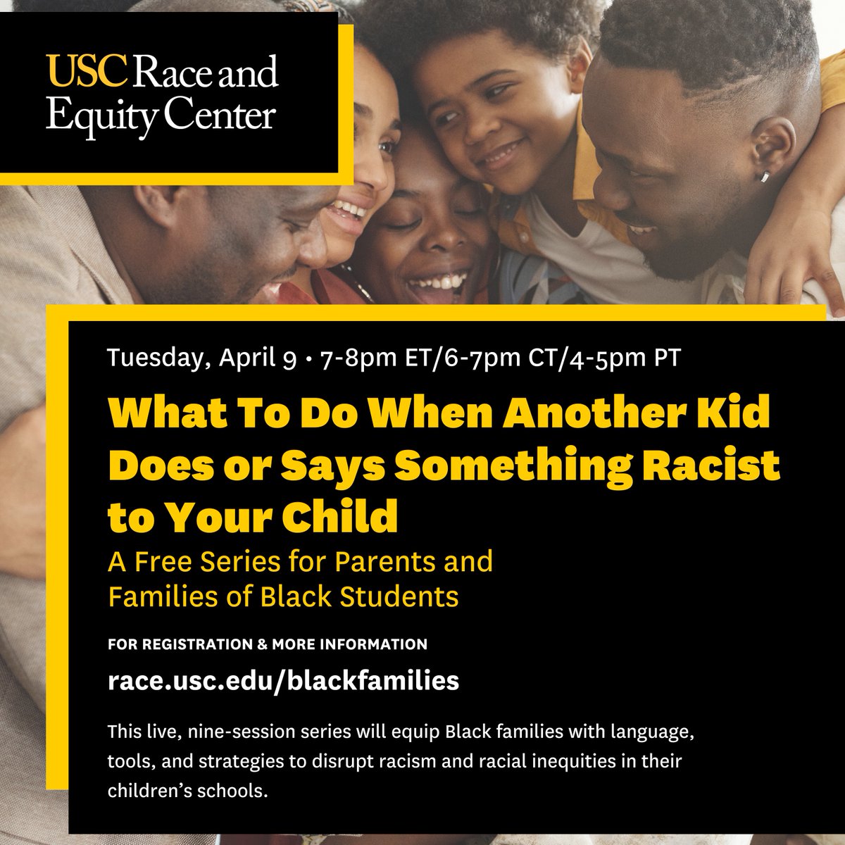 REMINDER: This is happening NOW! Join Dr. Jessica T. DeCuir-Gunby & Dr. Shaun Harper session on actions parents + families can take in response to racial problems in schools. It’s free. Register at no cost here: race.usc.edu/blackfamilies