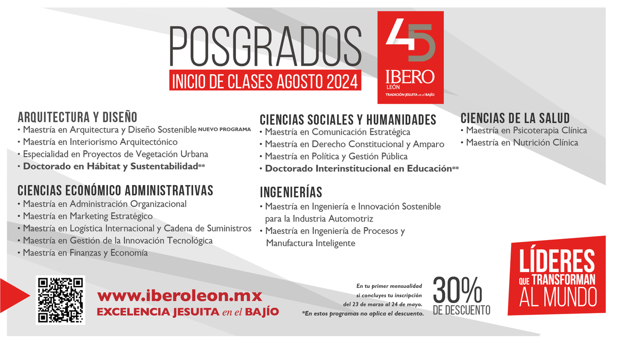 ¡Impulsa tu futuro profesional! Inscríbete a uno de nuestros posgrados antes del 24 de mayo y obtén un descuento del 30% en tu primera mensualidad. Déjanos aquí tu información: tlamatque2.iberoleon.mx/admision/formu…