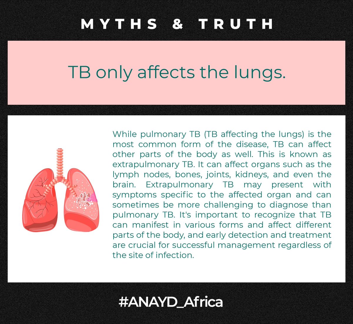 Separating myths from truths about TB today! 
Education is key in the fight against tuberculosis. 
Let's debunk misconceptions, promote early detection, and support those affected. 
Together, we can #EndTB. 

#TBFreeWorld 🌐💙
#ANAYD_Africa
