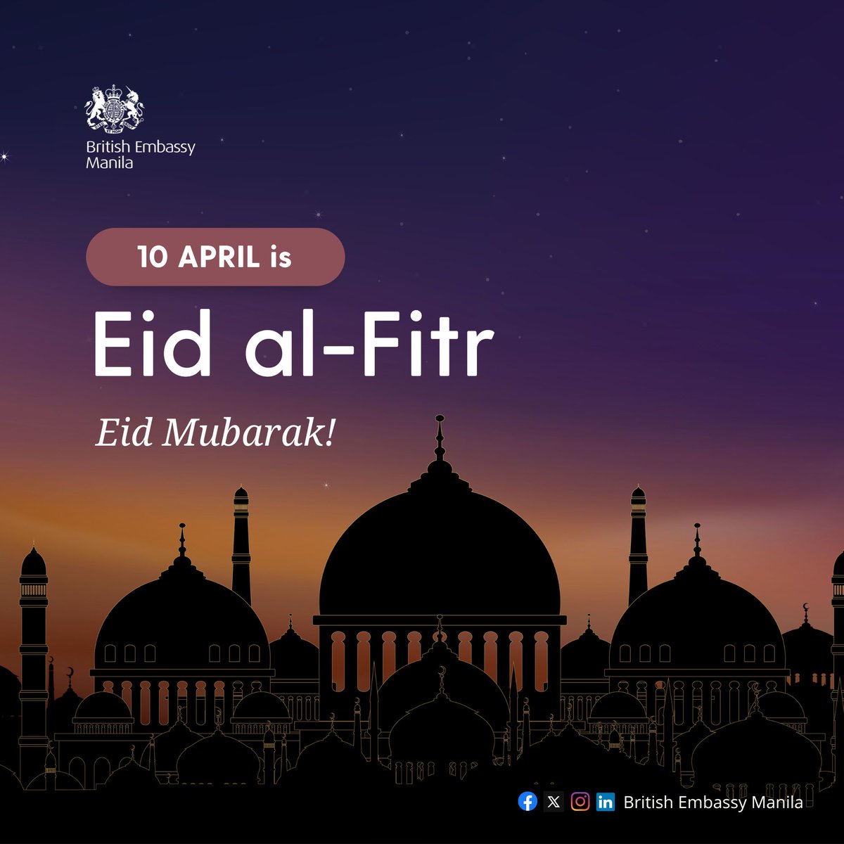 Eid Mubarak! We send our warmest wishes to the Muslim community in the Philippines 🇵🇭 and around the world as we honour the end of Ramadan 🕌 🌙 Wishing everyone a prosperous and blessed #EidAlFitr! @BangsamoroGovt