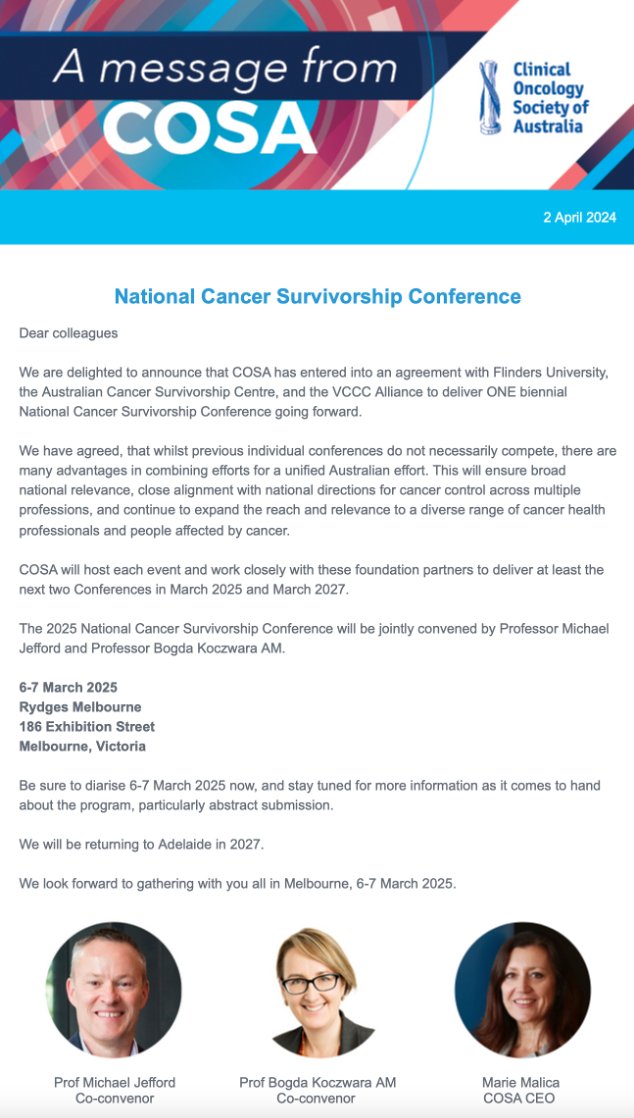 Two great conferences come together... 🚨 Mark your 🗓️ - March 6-7 2025, Melbourne for the National 🇦🇺 @COSAoncology #Cancer #Survivorship Conference! 🗣️🦘🐨 #survonc #supponc