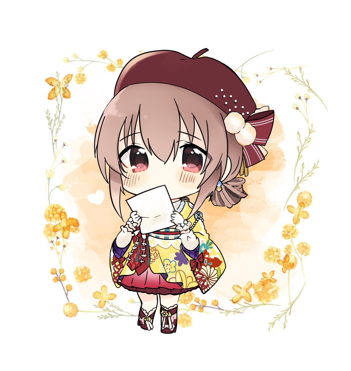 1girl solo looking at viewer blush skirt brown hair long sleeves  illustration images