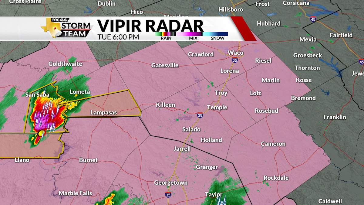 SEVERE THUNDERSTORM WARNING has been issued for Lampasas County until 7:00PM. Storms moving east at 30 mph. Main threats are ping pong sized hail (1.50 inches) and 60 mph wind gusts. Stay weather alert. #fox44wx