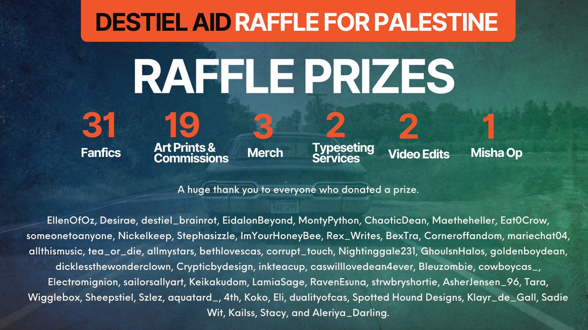 Want to win an incredible prize from our amazing Destiel creatives? Yeah, you do! Make a donation to a humanitarian aid org helping Palestinians and submit a screenshot of your receipt to enter to win fic, art, edits, merch, or even a Misha op! Link to enter in bio 💚💙