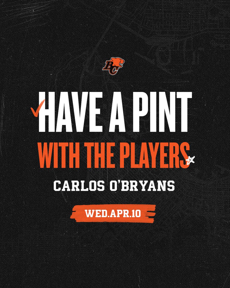 Hello Kamloops! Who's up for a Pub Night with the BC Lions? 🍻 📍Carlos O'Bryans | TOMORROW NIGHT | APRIL 10 | 7PM Let's have a pint & talk football! 🏈