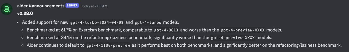 Latest GPT-4 update...

Benchmarked at 61.7% on Exercism benchmark, comparable to gpt-4-0613 and worse than the gpt-4-preview-XXXX models.

Benchmarked at 34.1% on the refactoring/laziness benchmark, significantly worse than the gpt-4-preview-XXXX models.