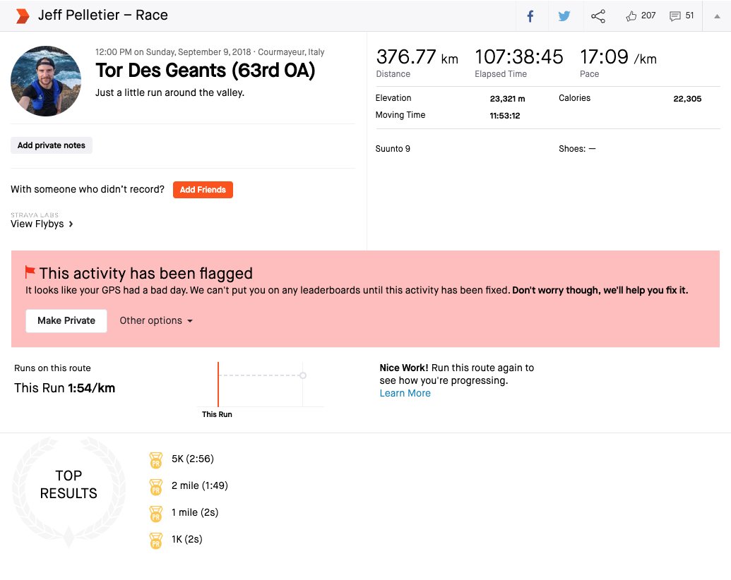 jpelletier's tweet photo. My run from Tor Des Geants years ago was recently flagged for having GPS data issues. Disappointingly, @Strava support has no suggestions other than to crop or 'split' my run. As a mountain runner, GPS issues are hard to avoid. Guess this will be made Private. https://t.co/4ToGHv3jBe