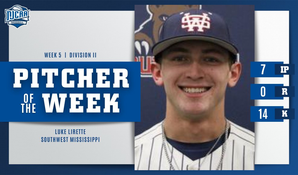 🤯Career High in Strikeouts! Luke Lirette of @SMCC_Athletics allowed 0 runs with 14 Ks in 7 innings pitched to earn #NJCAABaseball DII Pitcher of the Week. #NJCAAPOTW