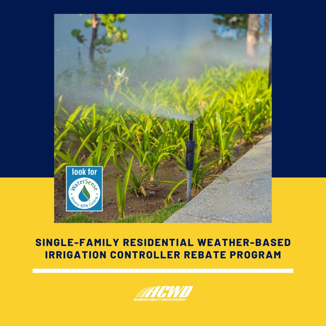 ACWD is a partner of the EPA’s WaterSense Program and offers single-family residential customers a rebate of $82 ($75 +tax) for purchasing and installing a WaterSense certified weather-based irrigation controller. Learn more about this at acwd.org/rebates.