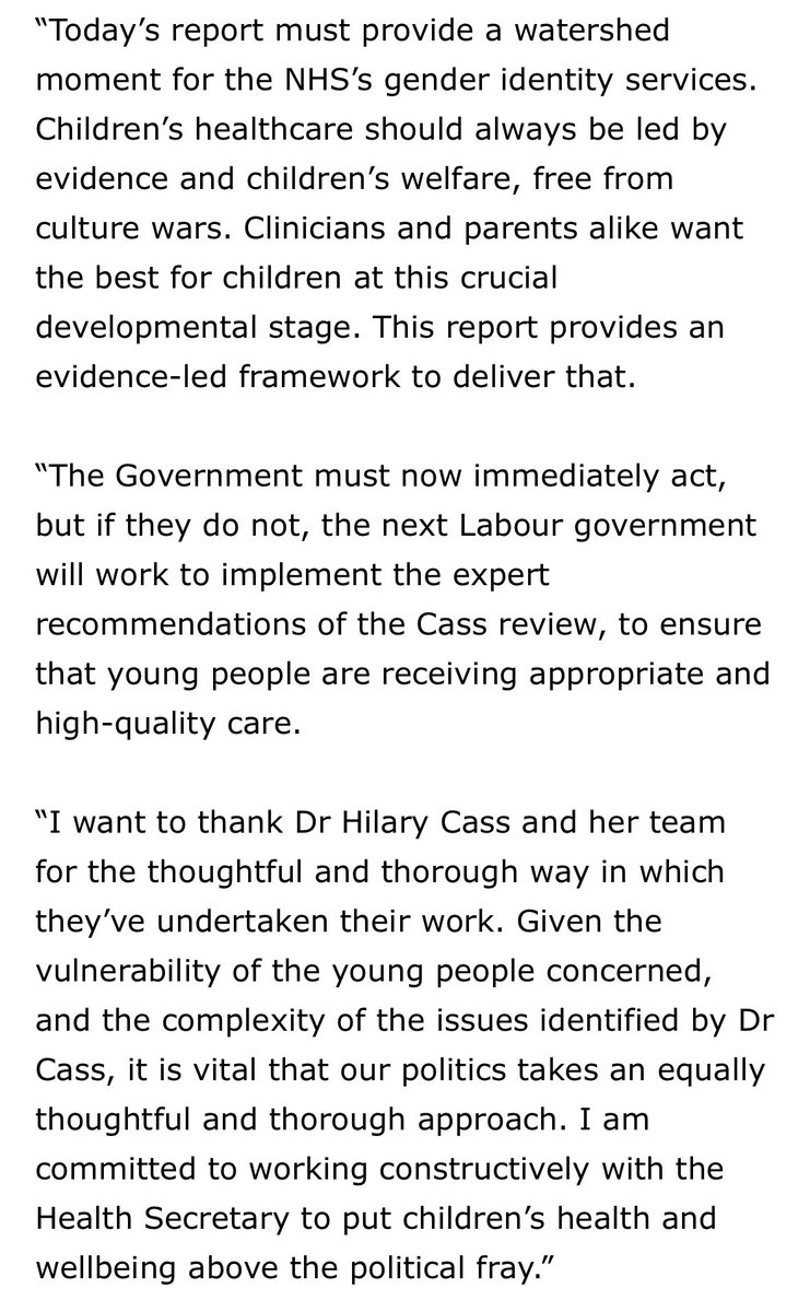 The Cass Review must be a watershed moment for the NHS’s gender identity services. My response for @UKLabour underlining our support for the Cass Review’s evidence-led recommendations and our determination to put children’s health and wellbeing above the political fray 👇🏻