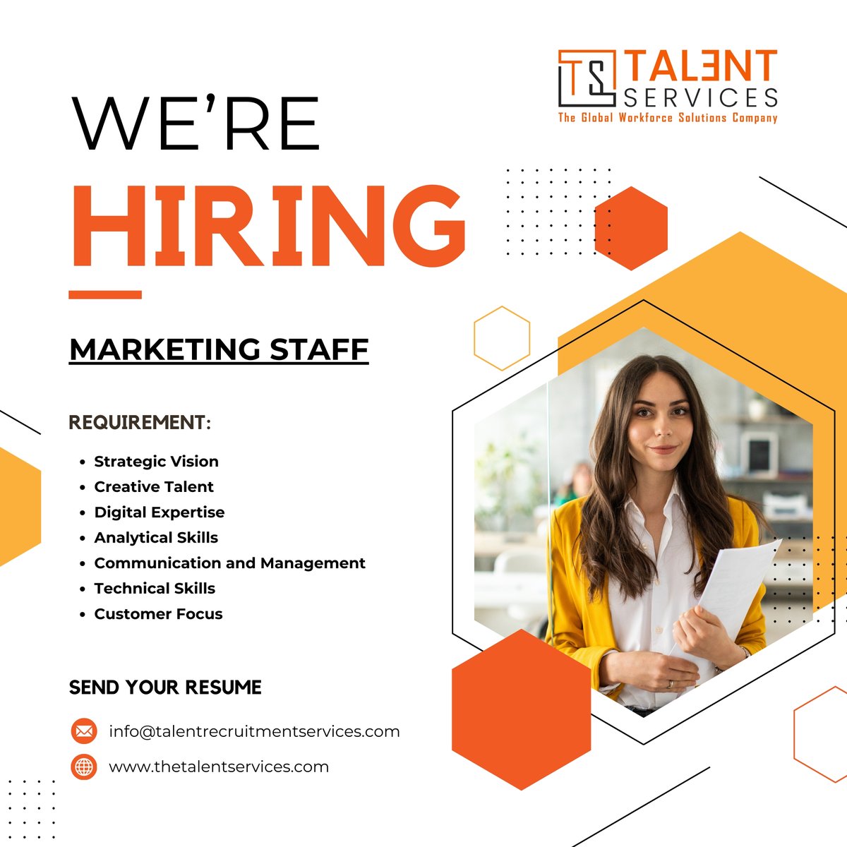 We're Hiring Marketing Mavericks at Talent Recruitment Services!

📩 Apply Now: info@talentrecruitmentservices.com

#Hiring #MarketingJobs #DigitalMarketing #SEO #SEM #SocialMediaMarketing #CreativeJobs #TalentRecruitment #JobOpportunity #NowHiring