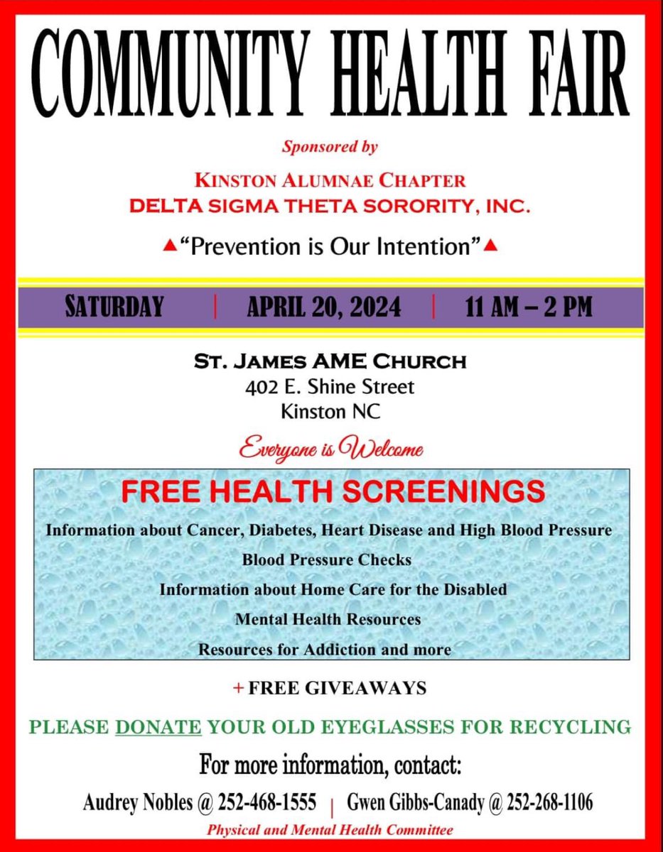 Join our chapter for our community health fair on April 20, 2024 at St. James AME Zion Church from 11 a.m. - 2 p.m.