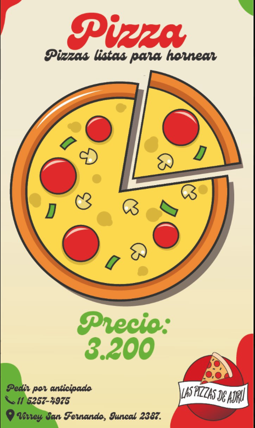 Atención!
Pizzas pre hechas para Virreyes y San Fernando!
$ 3.200.- c/u. 
Magia la pizza libertaria!
Apurate a hacer tu pedido se preparan por encargo.
Se arman pedidos para fiestas y cumpleaños!