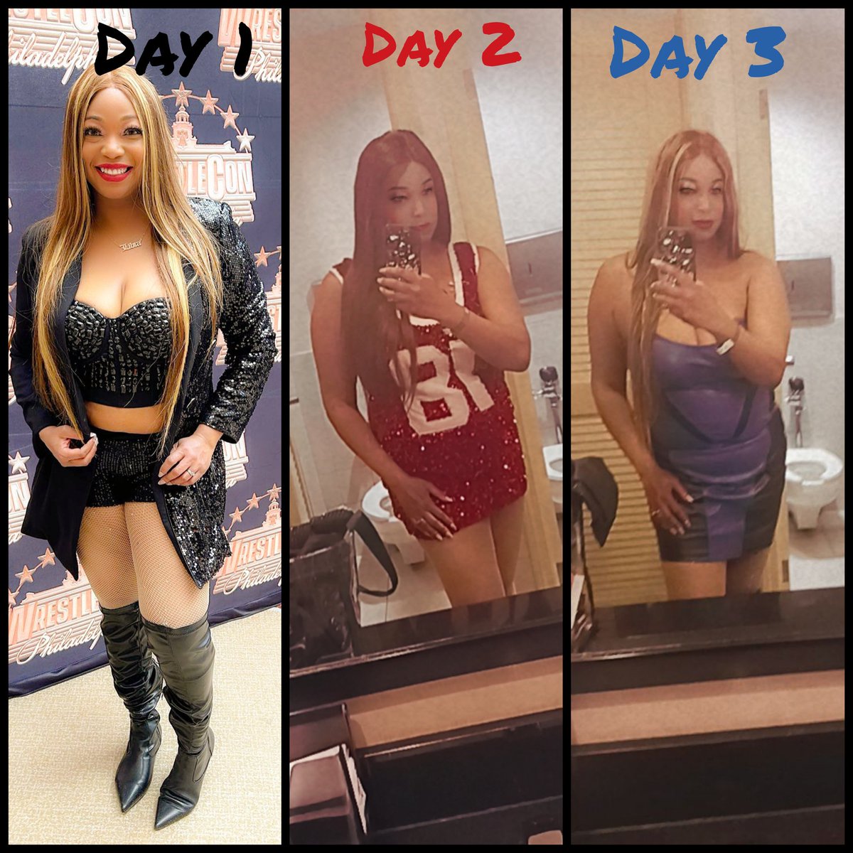 @wrestlecon was so much fun...All My Wrestlecon outfits.  Had so much fun talking to talent and mingling with friends #aew #wwe #impactwrestling #Wrestlecon #WrestleMania40 #ladieswholovewrestling #sheratonphiladelphia