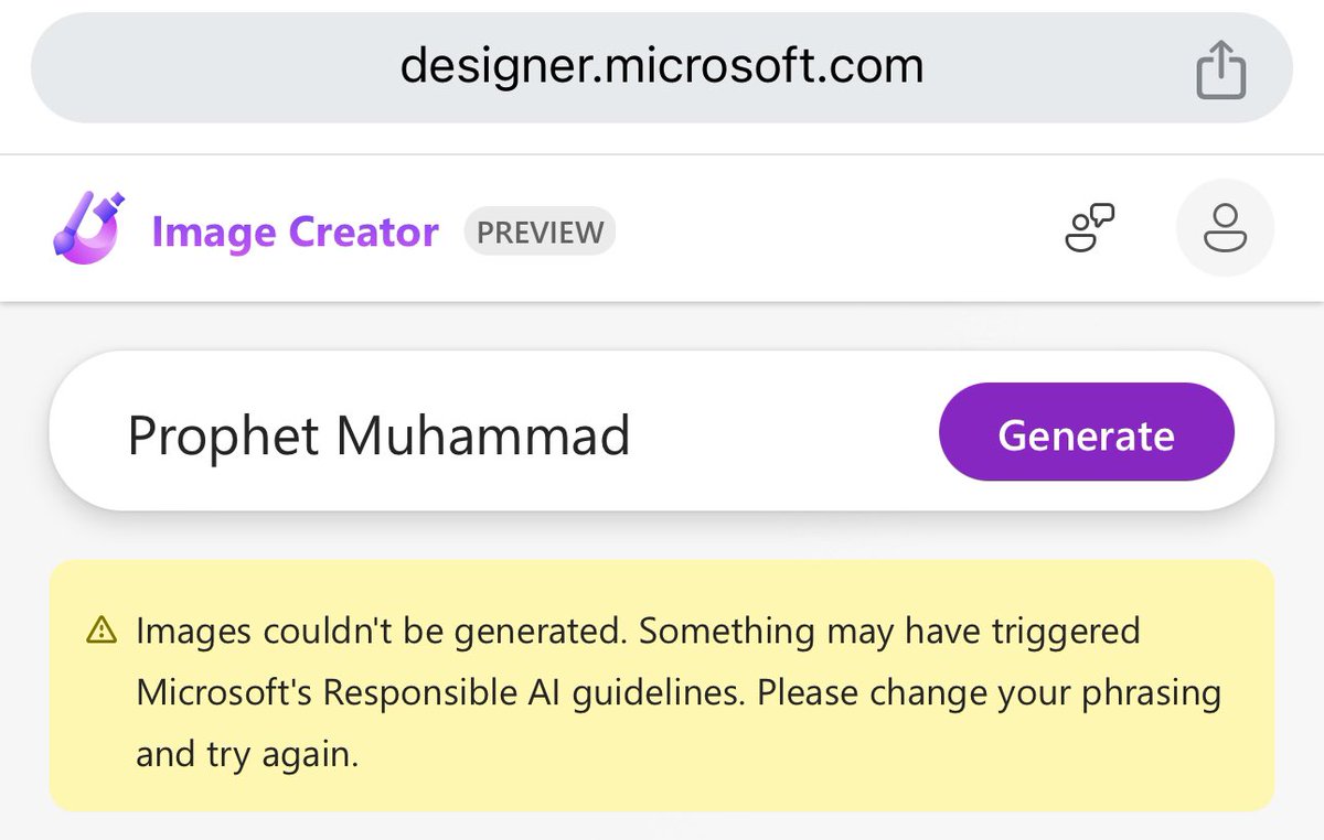 Playing around with the @Microsoft @MSFT365Designer with my kids today. It generates ridiculous pics of many holy figures. But maybe you'll notice one (respectful) image it won't generate. I find it worrying that AI is being taught these unreasonable speech prohibitions.
