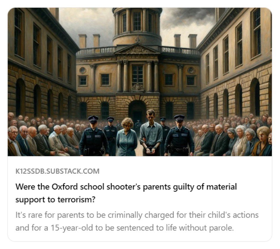 The Crumbleys got off easy. Oxford school shooter plead guilty to terrorism charges. By purchasing the gun, his parents provided material support to terrorism. Those penalties can range from life in prison to the death penalty under 18 U.S.C. § 2339A.