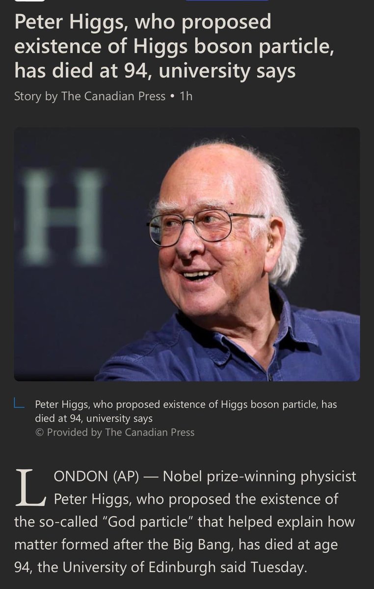 Peter Higgs, a gentle kind man, passed away today. The Higgs mechanism will live on, of course, as a central part of the standard model of particle physics and indeed as a central part of physics today, as the origin of almost all mass in the universe.