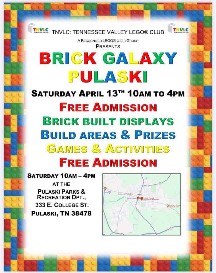 tnvlc's tweet photo. TNVLC will be in Pulaski TN this Saturday! Come see our fun LEGO creations from 10 AM to 4 PM. #tnvlc #LEGO https://t.co/wEJVBySxMR