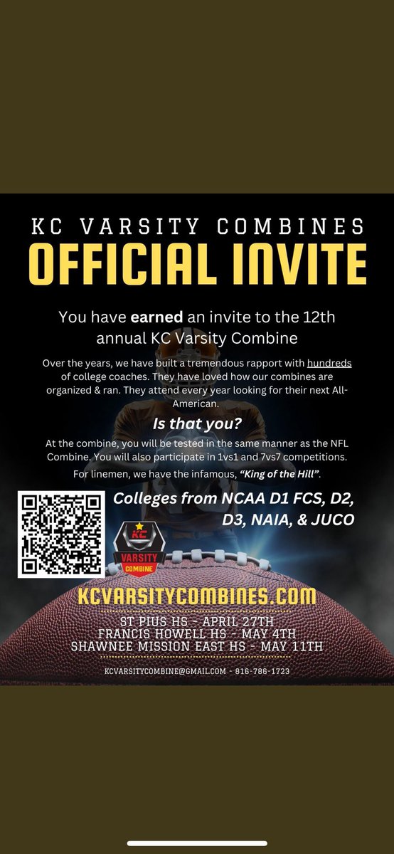 Thank you to @JPRockMO for the invite to the KC Varsity Combine. I am blessed you receive an invite and can’t wait to compete and work! #EliteMade #Grind