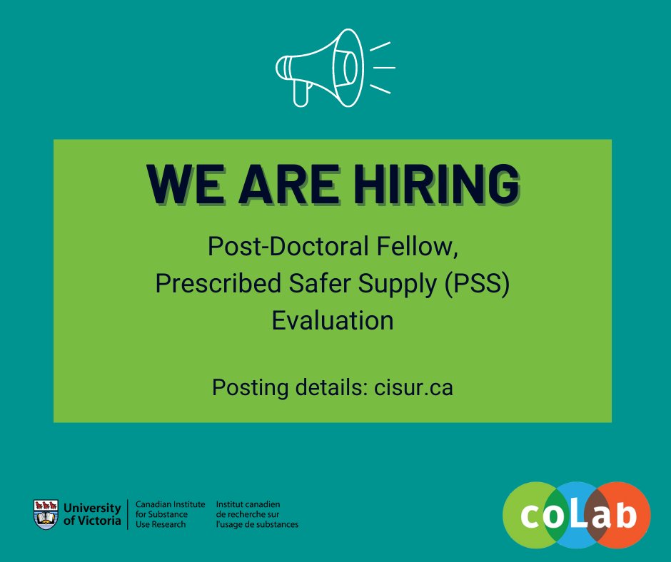 We are hiring a funded two-year quant #postdoc position with the Prescribed #SaferSupply (PSS) evaluation! This study is led by researchers at @UVic_CISUR in partnership with @fnha, @Advancinghlth, @SFU & in close collaboration with #PWUD & BCCDC. uvic.ca/research/centr…