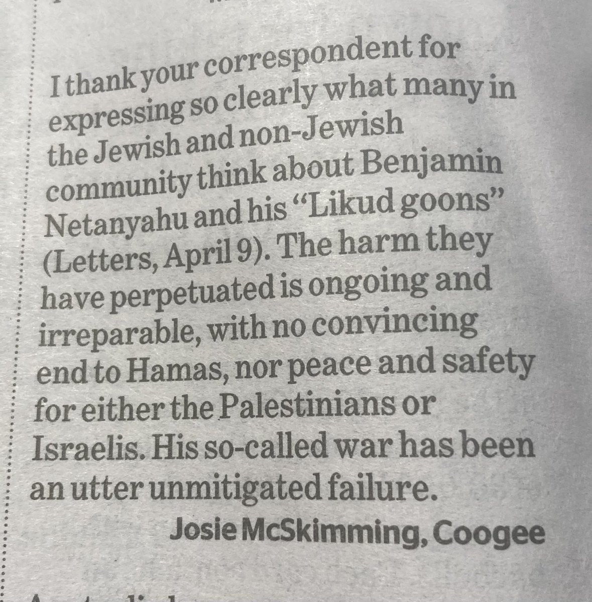 For what it’s worth, my letter to @smh this morning. I’m relieved that Penny Wong has taken the steps she has taken, & opened up the debate about recognition of the Palestinian state. For the sake of peace & stability for both Palestinians & Israelis.
