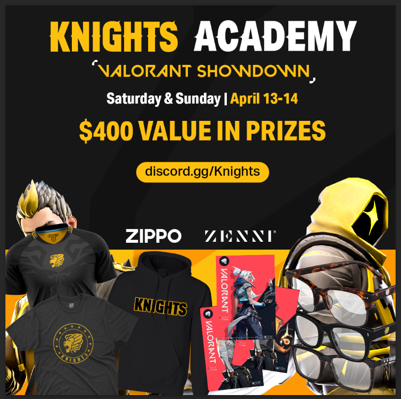 ⭐ Gather your squad for an electrifying [SOLO-QUEUE] 10-Man #VALORANT showdown!! Don't miss your shot at the $400 Prize Pool. 💰 Claim victory on: 📅 Saturday, April 13th 📅 Sunday April 14th ⏰ 6-11 PM EST ✅ ALL RANKS WELCOME ➡ discord.gg/Knights
