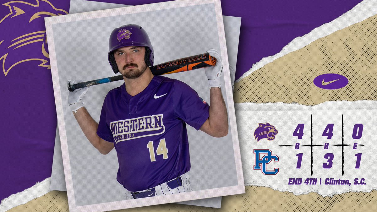 CatamountBSB's tweet photo. END 4TH - @Catamounts 4, Presbyterian 1
Zach Ketterman stays hot with a two-run double, Mason Holton with a run-scoring single and Kyle Harbison with an RBI sac bunt; Dante Visconti works around a lead-off walk with two more strikeouts, 5 Ks on the day!
#CatamountCountry https://t.co/CUJnjGv0gl