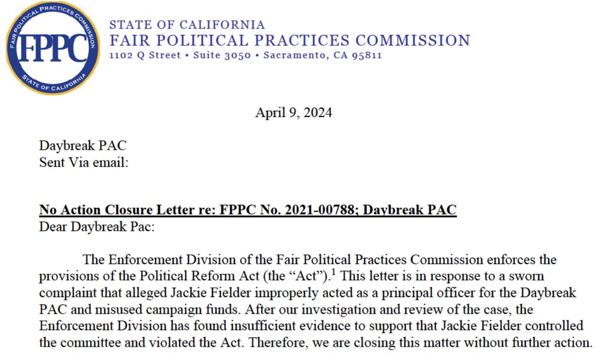 Today the FPPC cleared my name from the obvious smear campaign by @GrowSF and Garry Tan to discredit my work with Daybreak PAC. GrowSF is not a serious org; they exist to protect the mayor & status quo ($$$). They present as innocuous but are misleading & toxic. Voters beware!