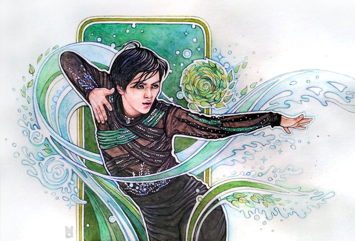 #UnoShoMagic ✨ Timelapse - Spiegel im Spiegel - magic of water and plants 💦🌿✨ Colored pencils, black ballpoint pen, white gouache ✏️🖌️🖋️ #shomauno #宇野昌磨   #WeLoveYouShoma #fanart