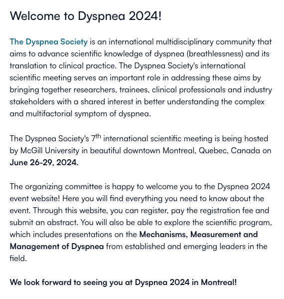 📣@DyspneaSociety meeting is open for registration and abstract submissions: 📍McGill University, Montreal 🗓️ June 26-29 👉Register event.fourwaves.com/dyspnea2024/re… (early bird closes May 31) Got an abstract on mechanisms, assessment or management? Submit here: event.fourwaves.com/dyspnea2024/su…