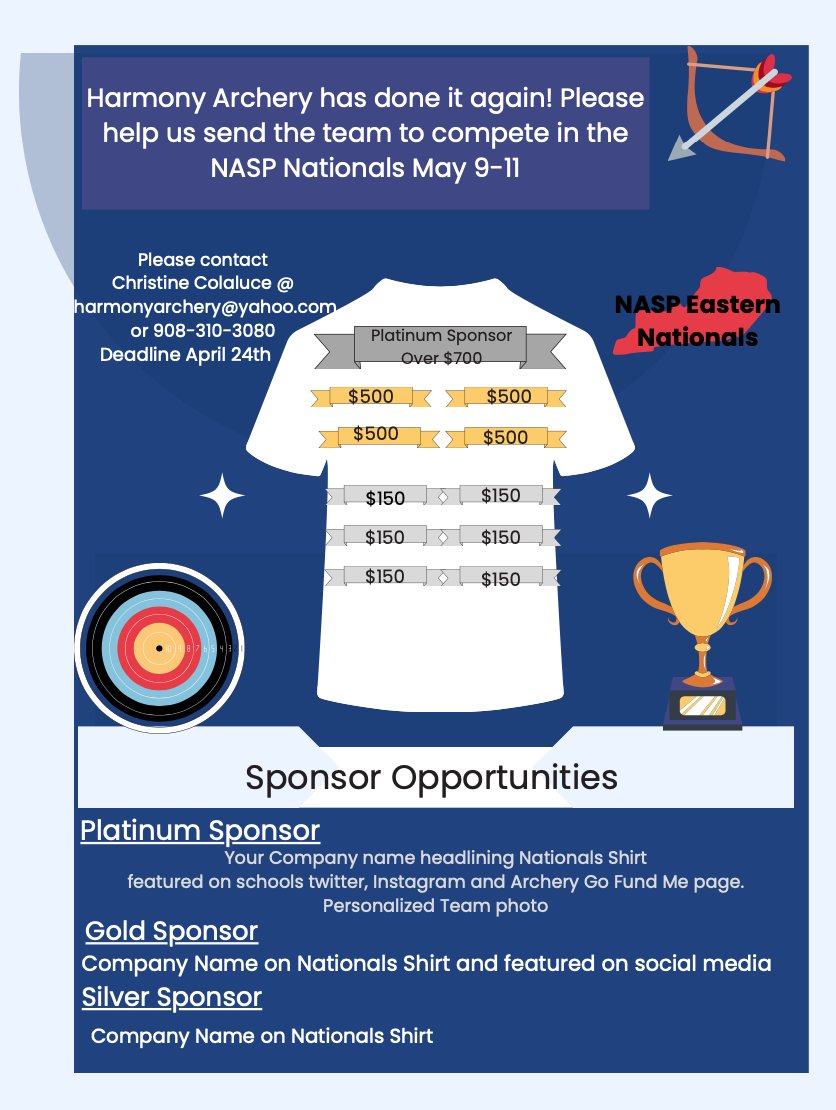 Please help us send the Harmony Archers to the NASP Nationals! Contact Christine Colaluce at harmonyarchery@yahoo.com or call 908-310-3080 for more information.