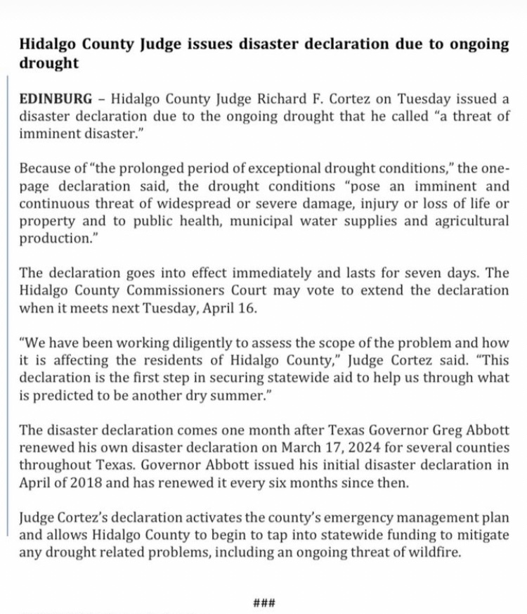 In far South Texas, Hidalgo County declares disaster due to low water supply. Reservoirs on the lower Rio Grande are 23% full. Forecasters expect another hot, dry summer ahead.