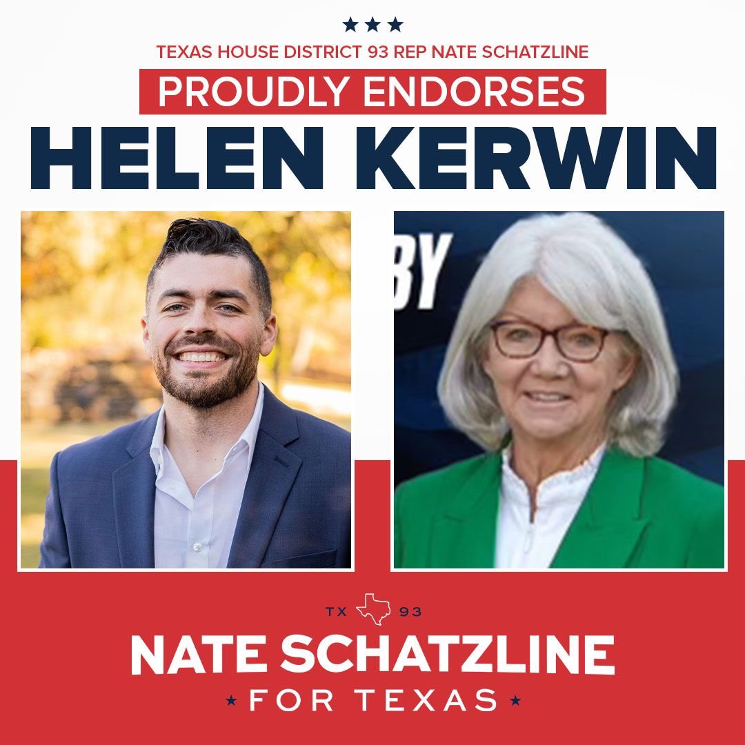 I am proud to endorse Helen Kerwin! 

@HelenKerwin4TX will fight to Secure the Texas border, empower parents in their children’s education, cut property taxes, and STAND UP to the Austin Swamp! 

She’s also proudly signed the #contractwithtexas and will help #reformthetexashouse…