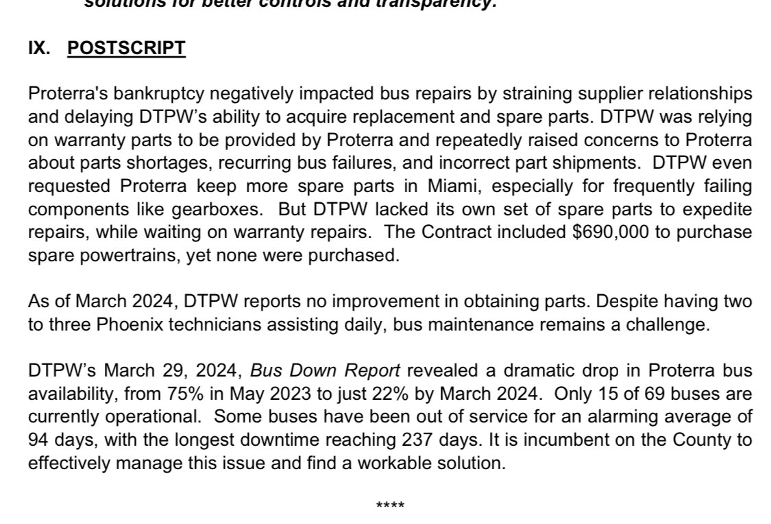 Miami-Dade agreed to buy electric buses from Proterra, which later filed for a bankruptcy reorganization. That led to parts and maintenance issues for Miami-Dade, with only 15 of the 69 buses drivable in March, accordingly to a new OIG report miamidadeig.org/resources-oig/…