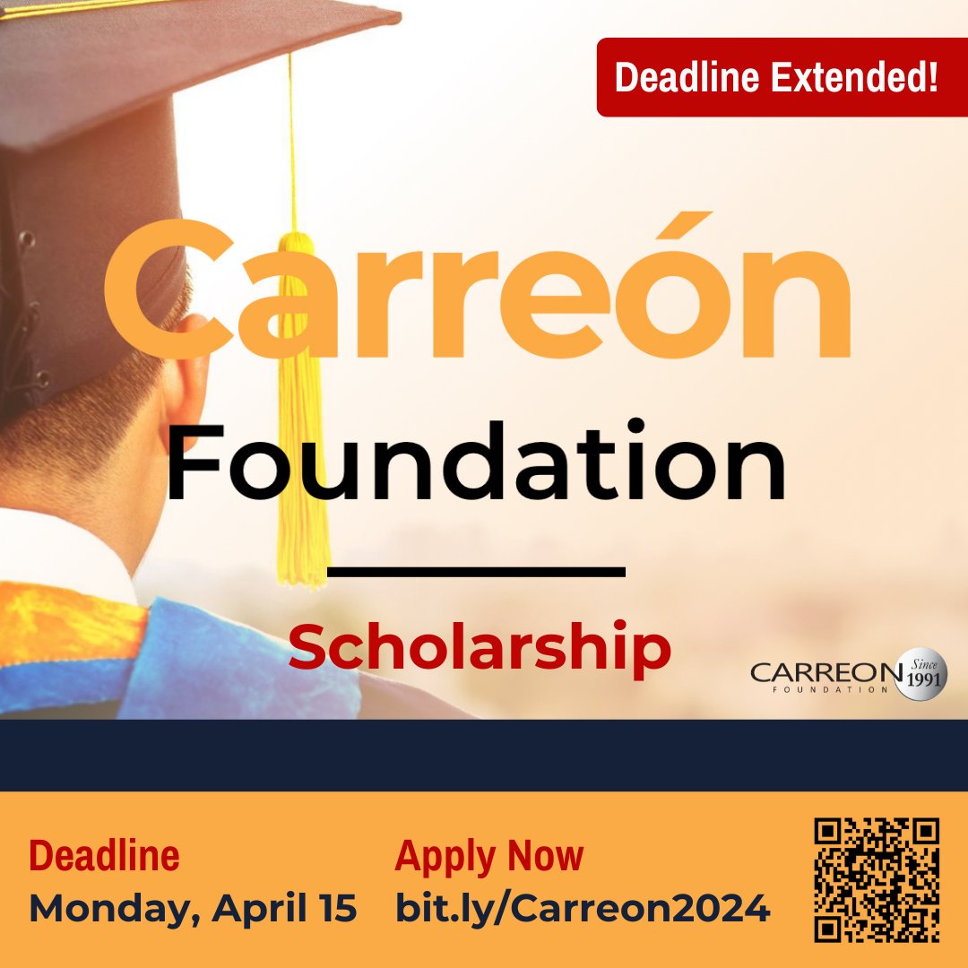 Deadline extended! If you haven't started your application for a Carreón scholarship, time is ticking. ⏰ Applications will be accepted through April 15. Don't delay, start today! 🎓 Visit carreonfoundation.org/for-students/ for more info. @DrCarreonFound @CVUnified @DesertSandsUSD @PSUSD