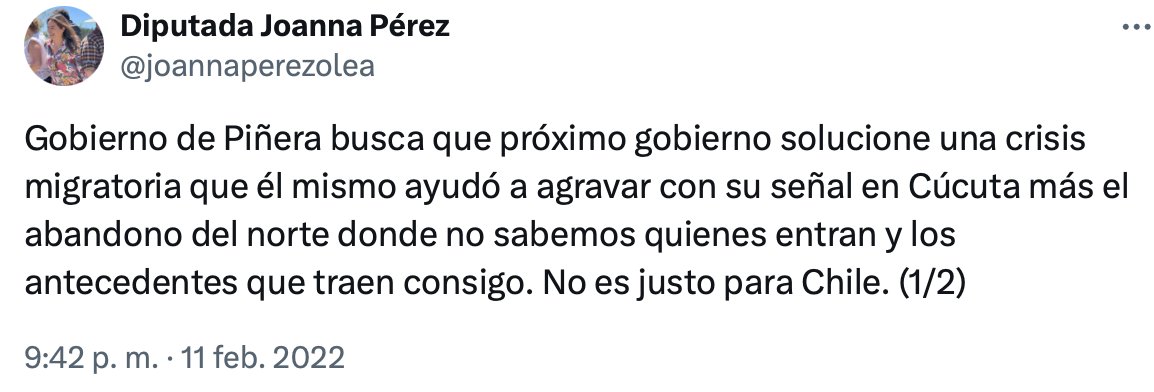 Joanna Pérez culpando a Sebastián Piñera por la crisis migratoria, 11 de febrero de 2022.