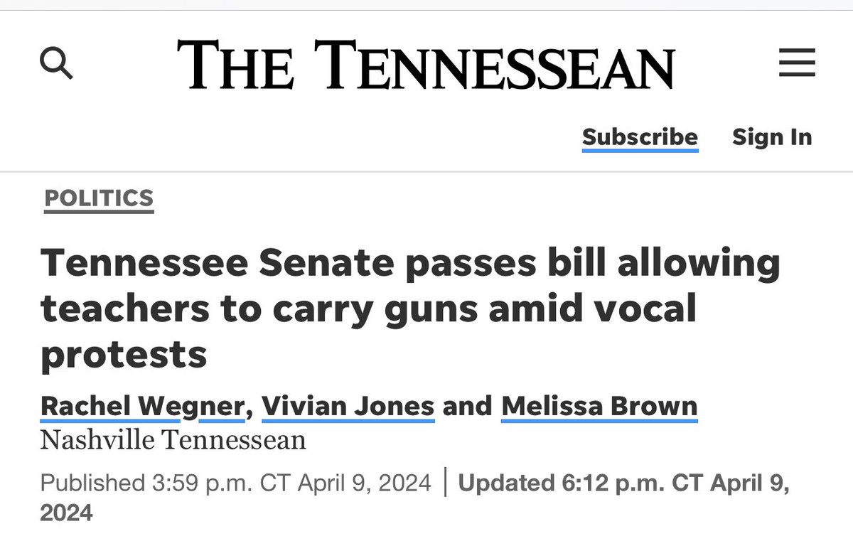 Tennessee Republicans have decided their solution to gun violence in schools is…. MORE GUNS IN SCHOOLS. tennessean.com/story/news/pol…