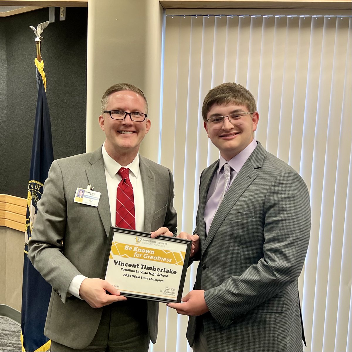 🌟 Celebrating success at the Board of Education Meeting! 🌟 Vincent Timberlake from PLHS took 1st place in his DECA category! 🏆 #PLCSGreat