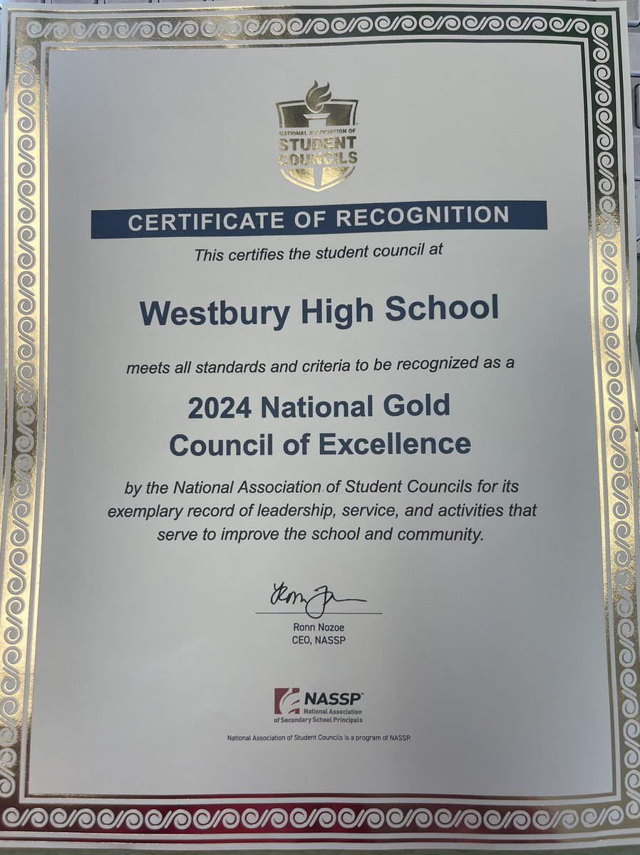 Another year recognized as a Gold Excellence Chapter for the <a href="/NatStuCo/">National Association of Student Councils (NASC)</a> <a href="/onewestbury/">Westbury Union Free School District</a> <a href="/TahiraDChase/">Dr. Tahira D Chase</a> <a href="/ppelech/">Paul A Pelech, Ph.D.</a> <a href="/DSZimbler/">David Zimbler</a> <a href="/WestburyWHS/">Westbury High School</a>