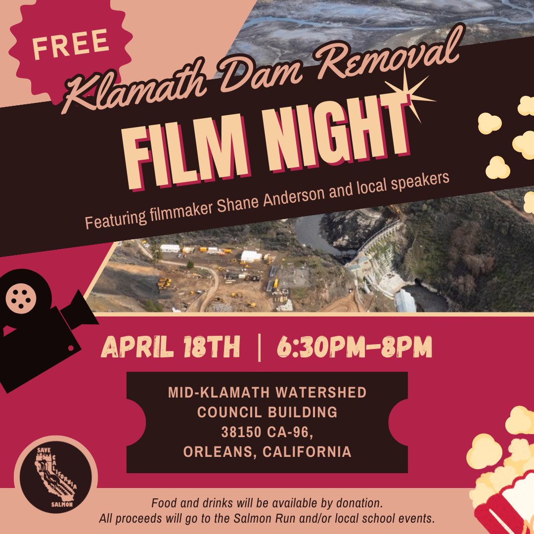 If you live near the Klamath join SCS, Film maker Shane Anderson & @TheKarukTribe @TheYurokTribe artists, speakers & filmmakers for a Klamath Dam Removal Film Night. A dam removal update will be provided & food sales will benefit youth activities. #klamathriver @CalArtsCouncil