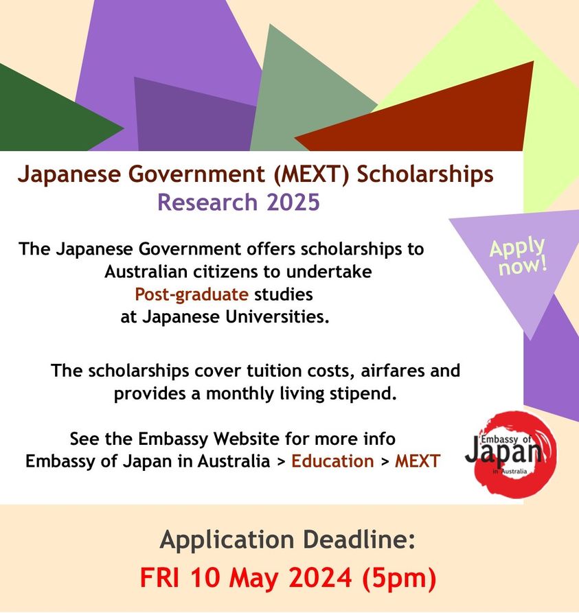 📢 MEXT Applications Now Open! Apply by 10 May to undertake post-graduate studies in Japan! Scholarships include tuition fees, airfares and a monthly stipend. Undergraduate category opening soon. au.emb-japan.go.jp/itpr_en/educat…