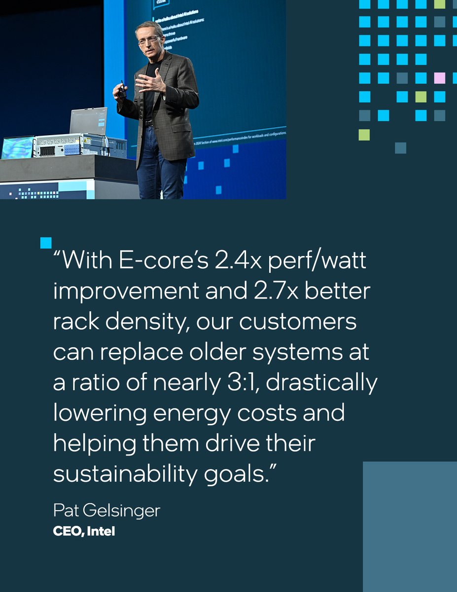 intel's tweet image. 🌎We’re accelerating AI everywhere sustainably with @intel Xeon 6 platforms which @PGelsinger introduced at #IntelVision 2024. They bring powerful #data processing anywhere with up to 27% lower #CarbonFootprint.

Watch here: intel.ly/3U8Smpo

#Intel #AI